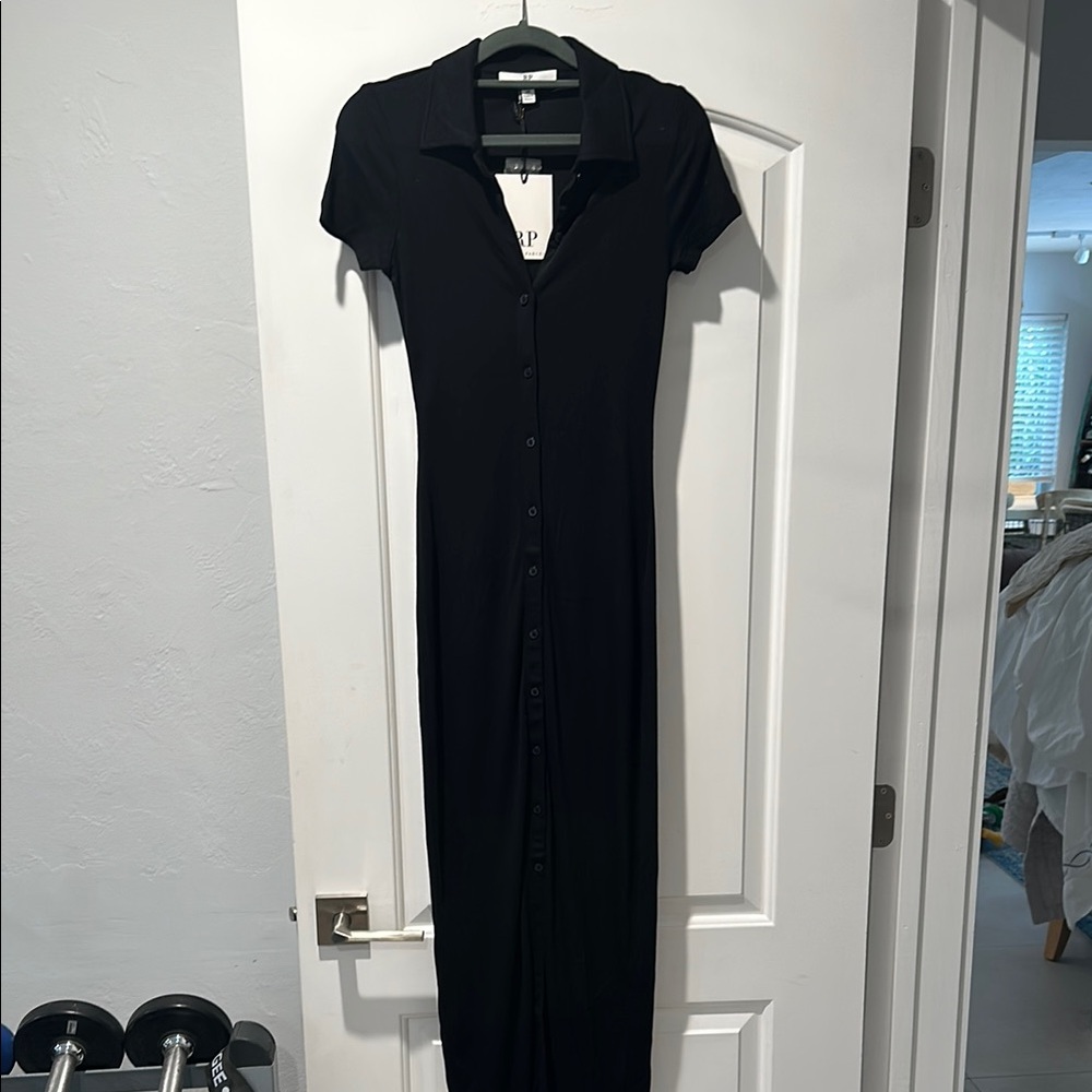 Rachel Parcell Black Maxi Dress with Short Sleeves and Polo Collar